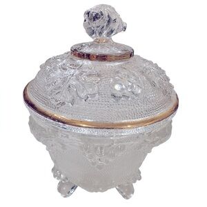 Jeannette Gold Trim Grape Vine Pattern Candy Dish with Lid, Vintage Elegant